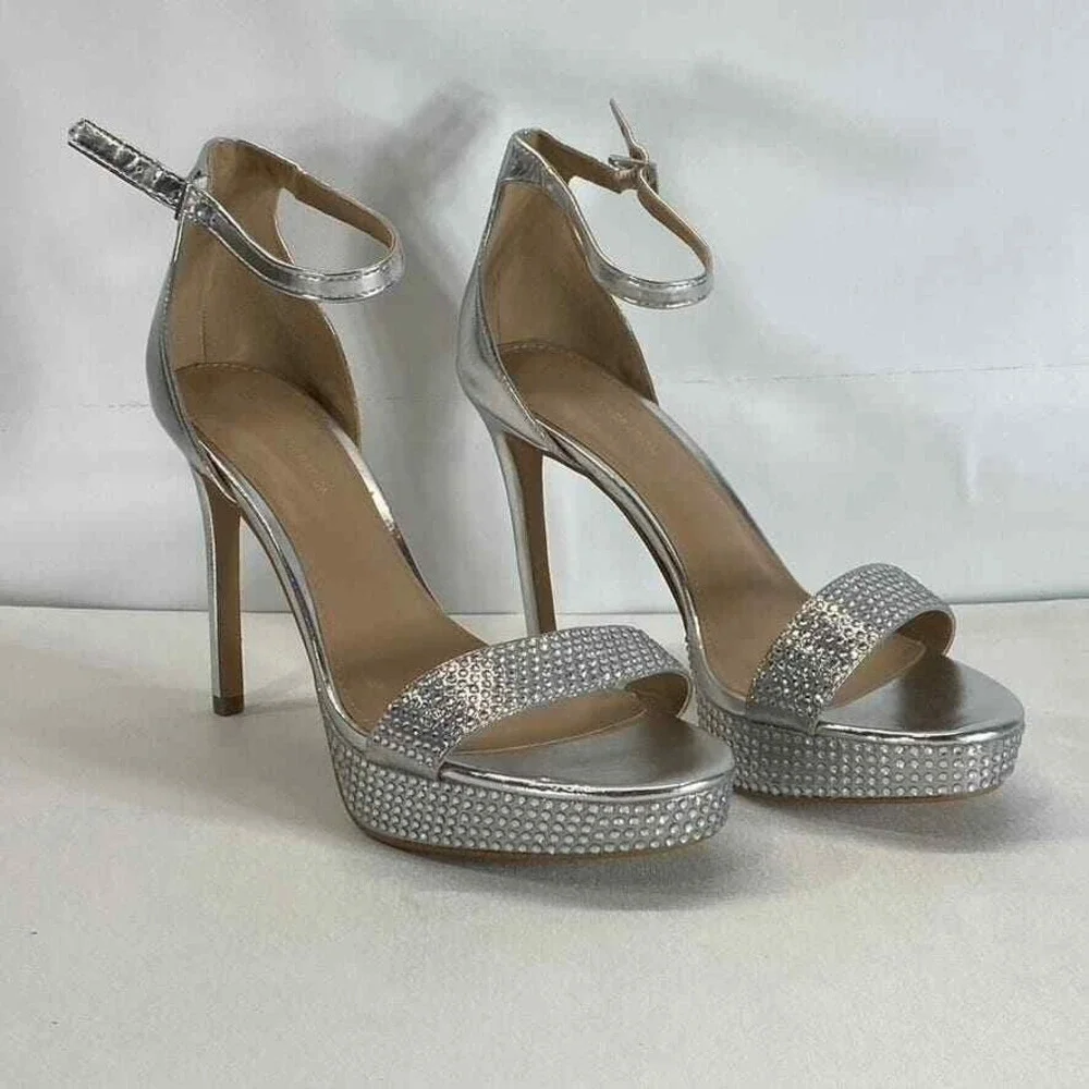 BCBGeneration Nallah Silver Rhinestone Platform Heels Ankle Strap Womens 9 Shoes